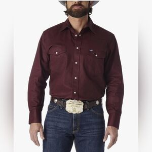 Wrangler Men's Burgandy Cowboy Cut Firm Finish Western Snap Solid Work Shirt XL